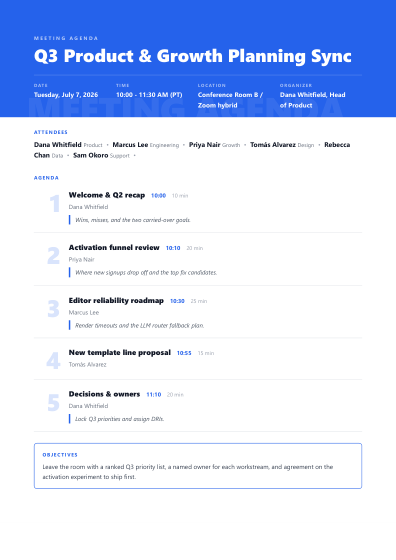 Meeting agenda (bold)